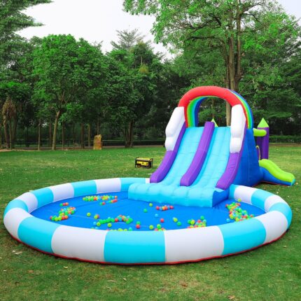 Large Rainbow Inflatable Pool with Double Slides